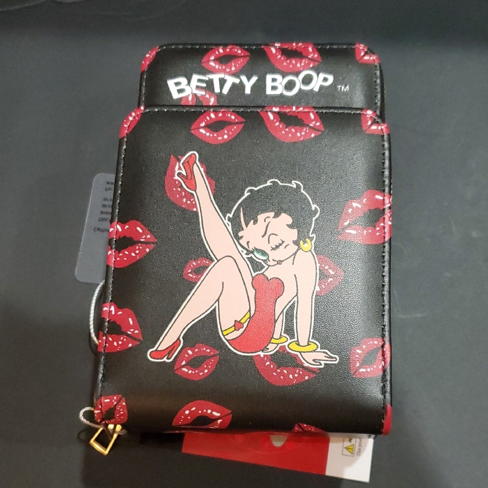 Betty Boop black red lips printed 3 compartment wallet on a chain crossbody bag